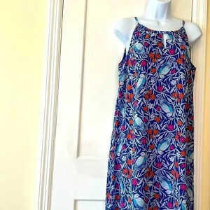 Old Navy Dress Long Women Small Bird‎ Floral Print Blue Sleeveless Lined Cottage